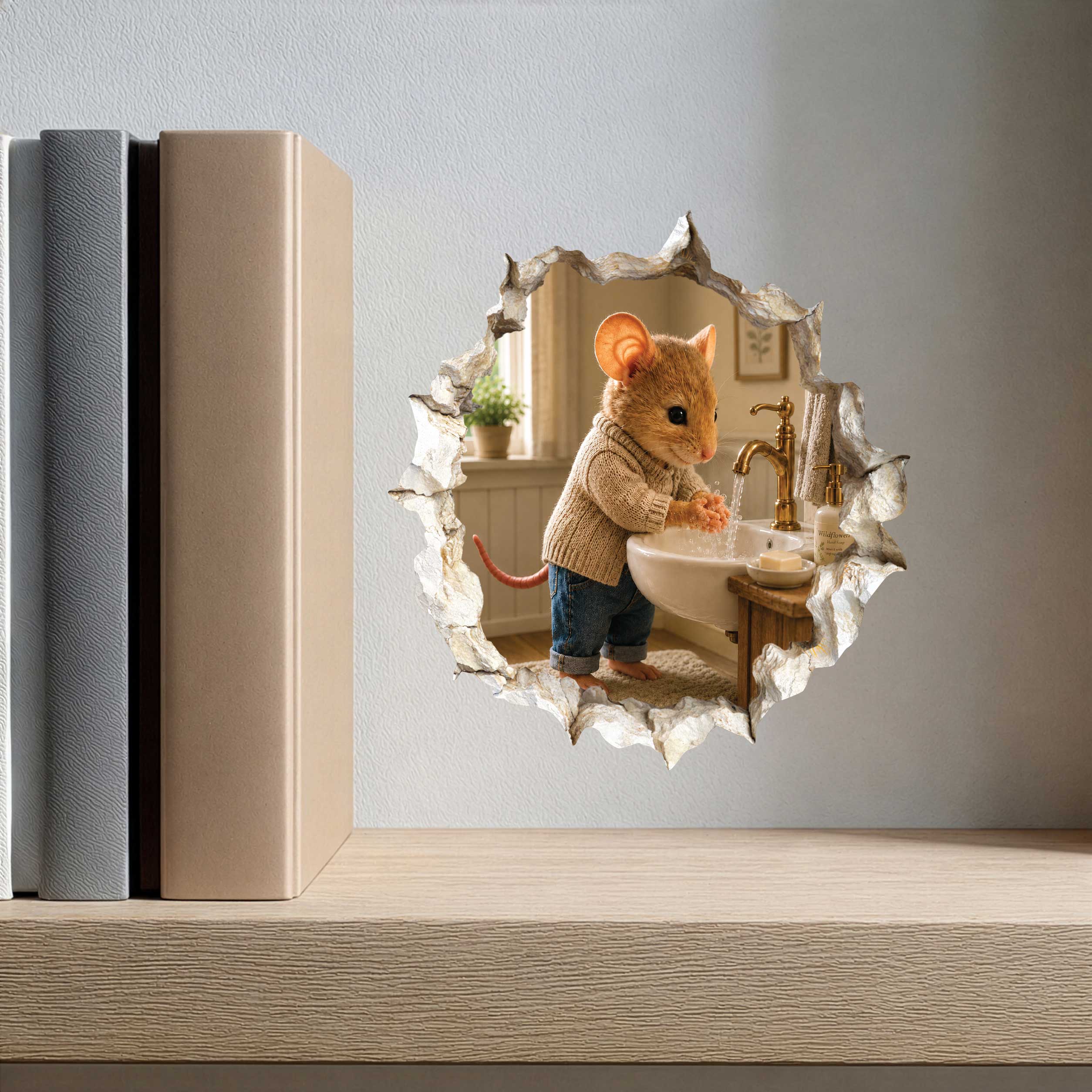 Hand Washing Bathroom Mouse in Mouse Hole Decal