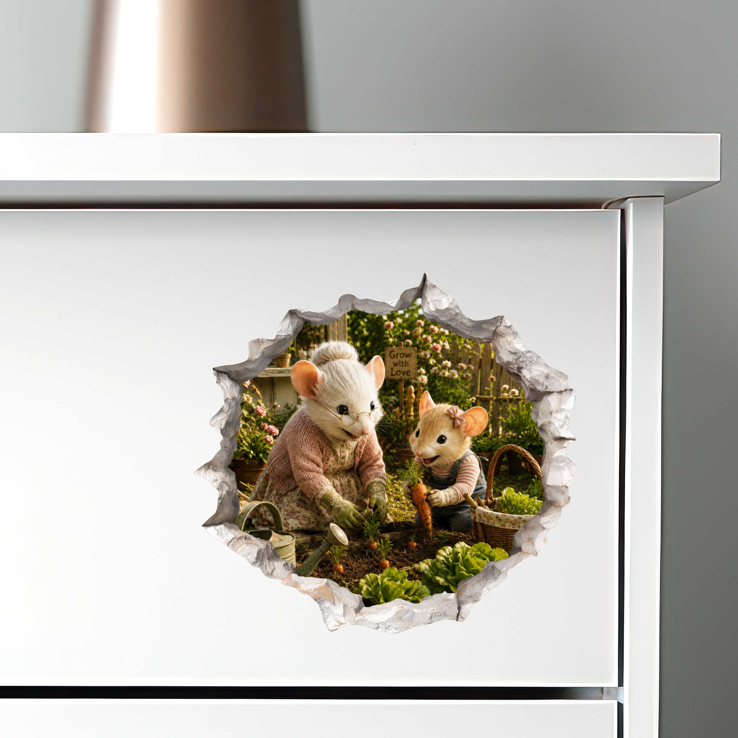 Granddaughter and Grandma Gardening Mouse Hole Decal