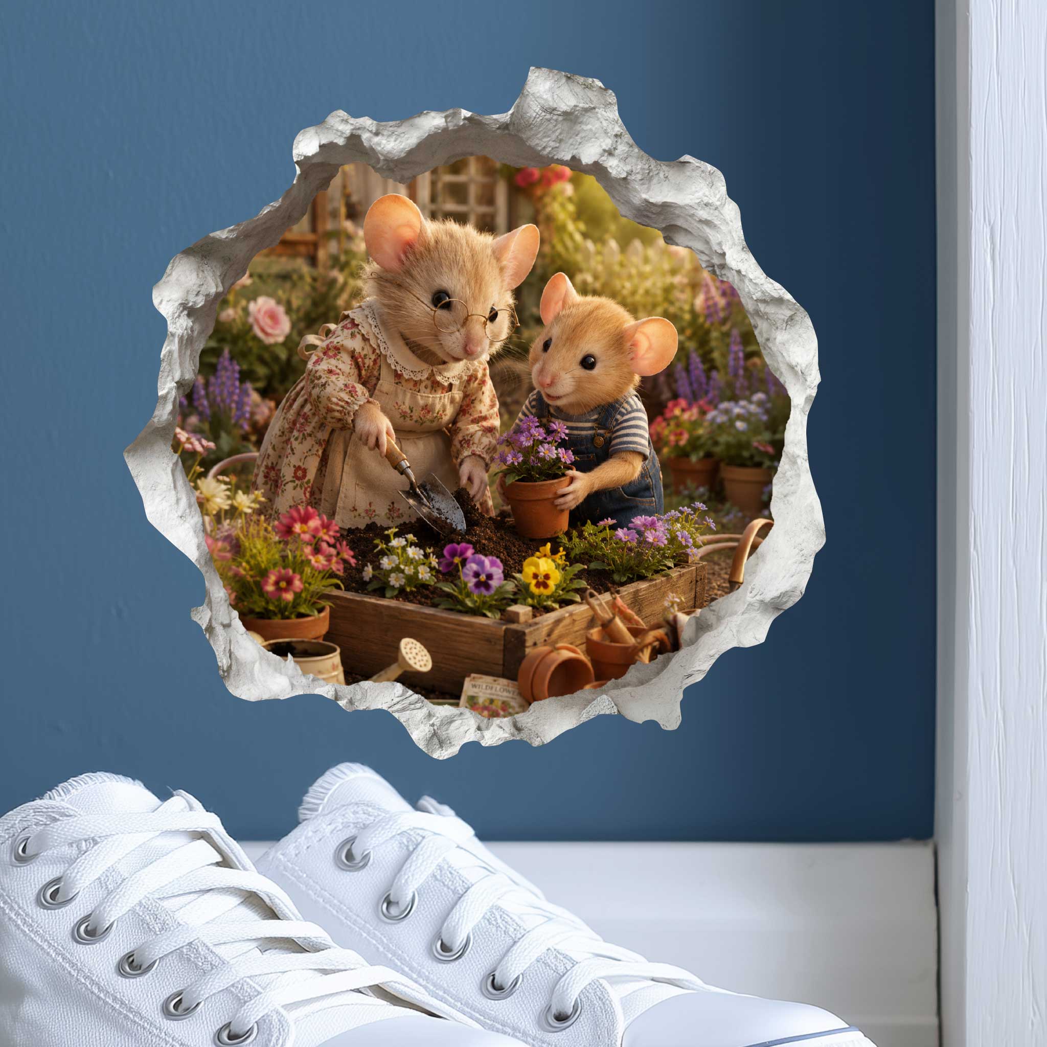 Grandson and Grandma Gardening Mouse Hole Decal