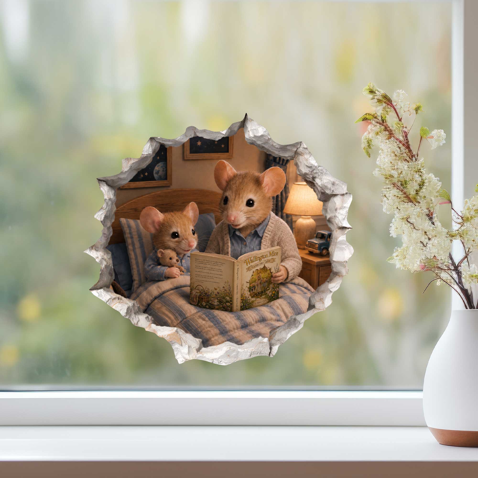 Grandson and Grandma Reading Mouse Hole Decal