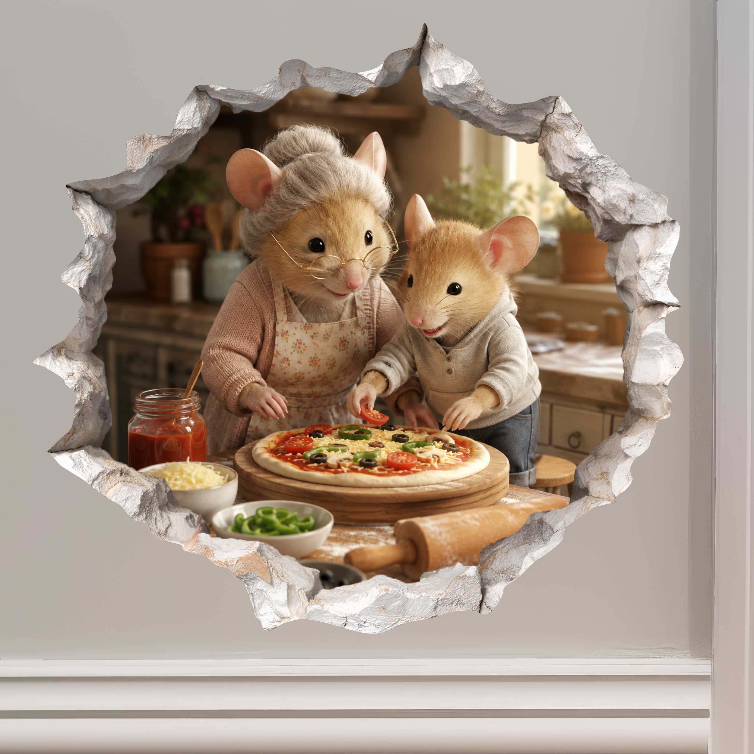 Grandson and Grandma Pizza Night Mouse Hole Decal