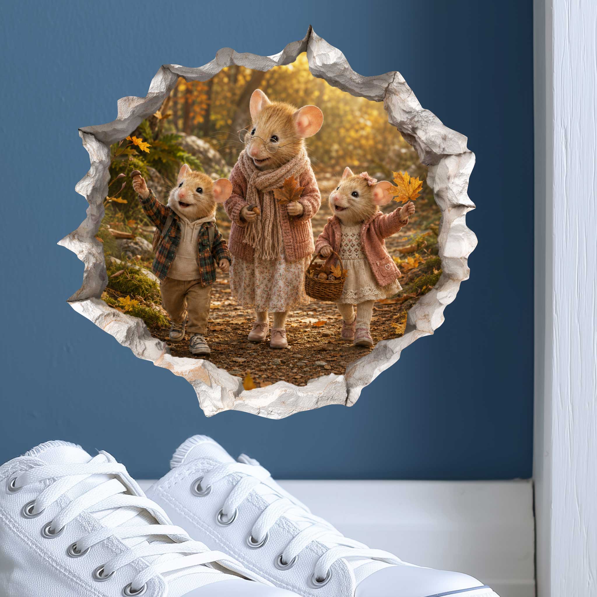 Grandkids and Grandma Fall Walk Mouse Hole Decal