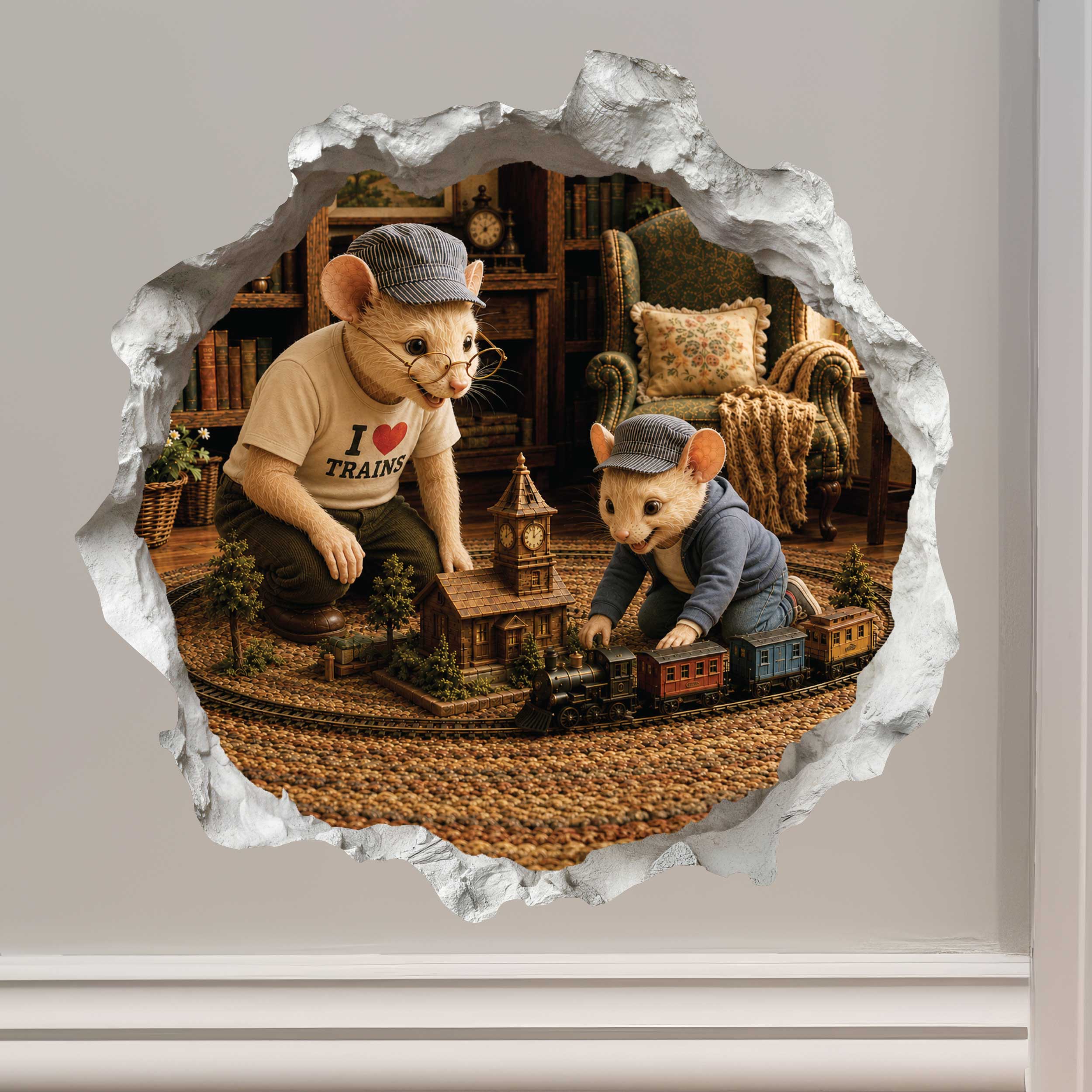 Grandpa and Grandson Playing Trains Mouse Hole Decal