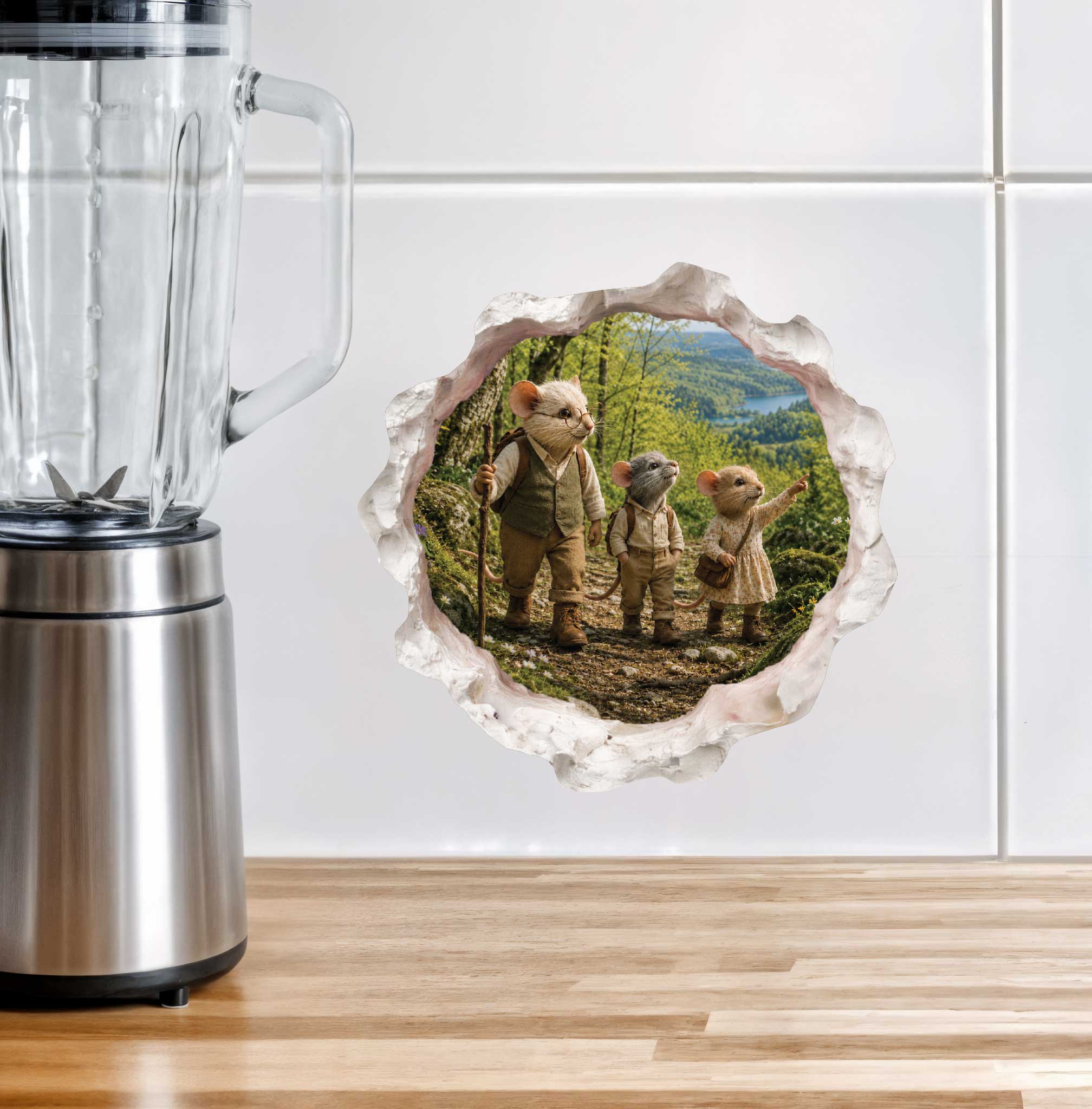 Grandpa and Grandchildren Hiking Mouse Hole Decal