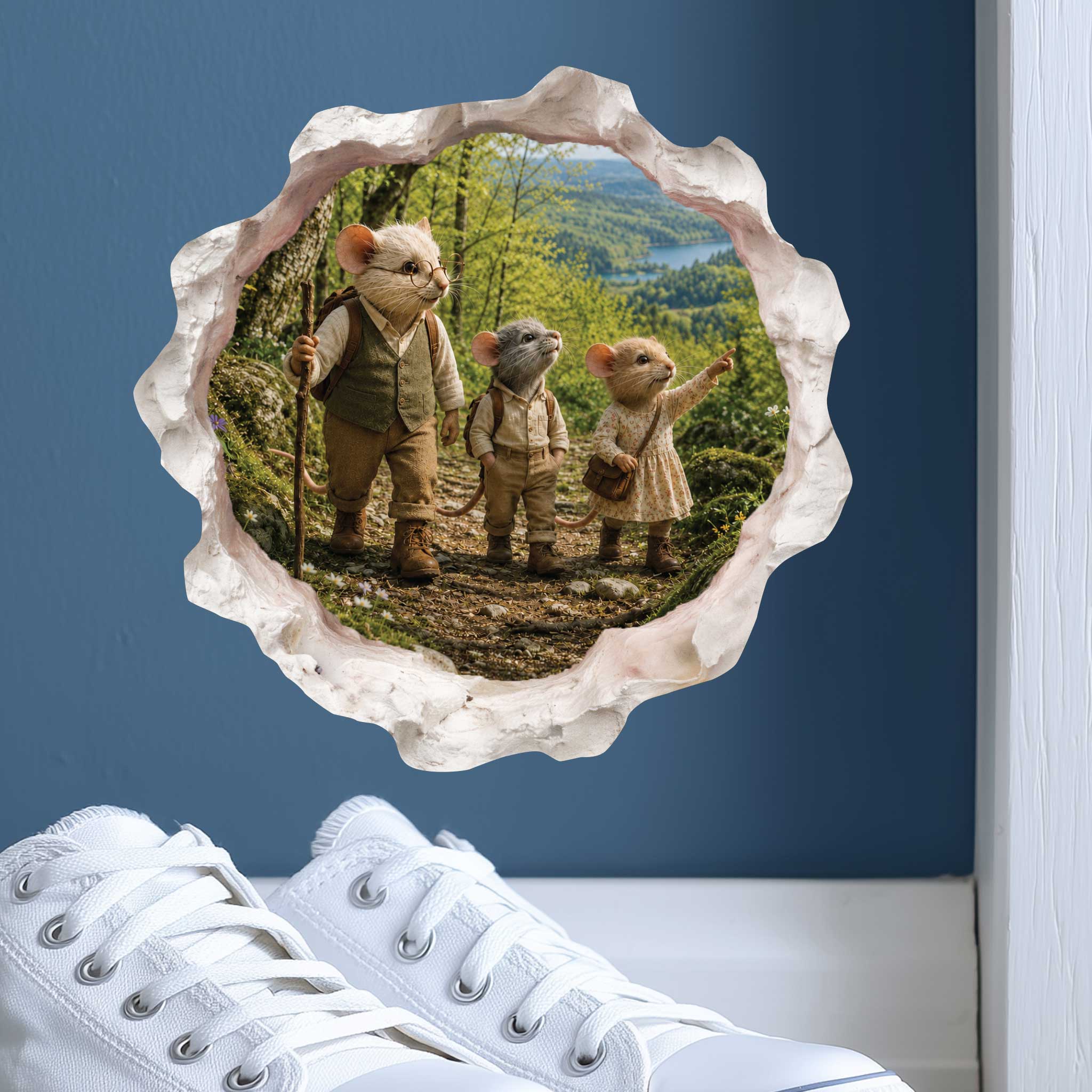 Grandpa and Grandchildren Hiking Mouse Hole Decal