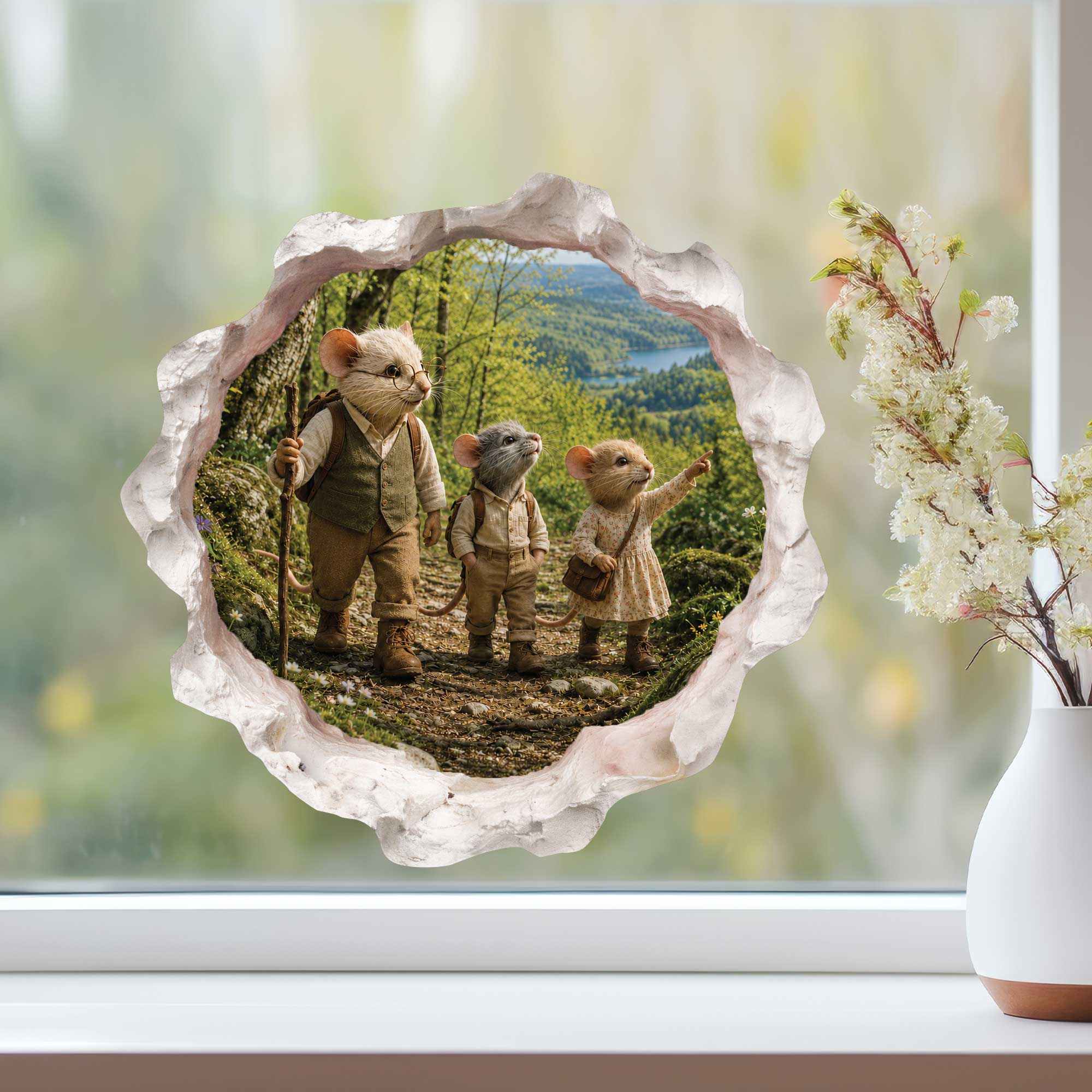 Grandpa and Grandchildren Hiking Mouse Hole Decal