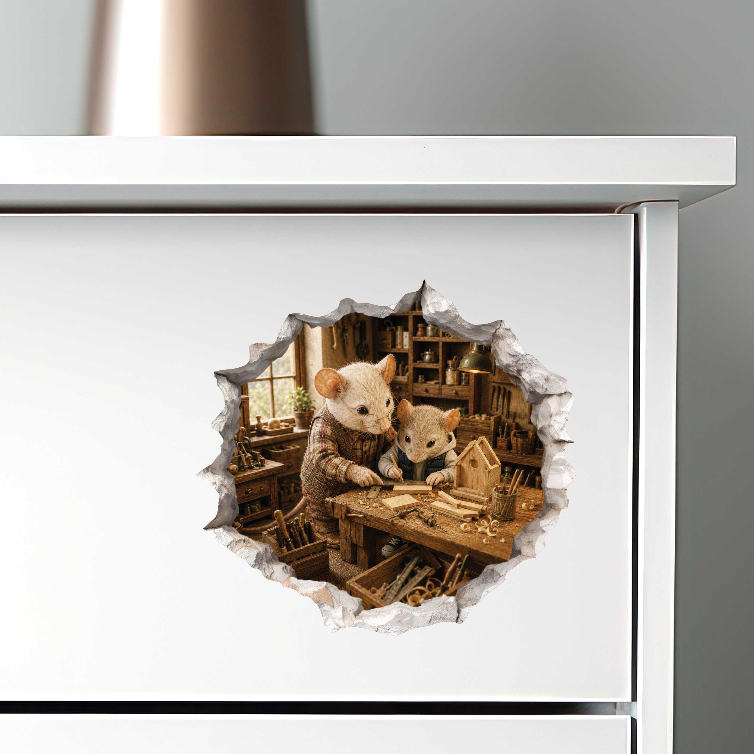 Grandpa and Grandson Woodworking Mouse Hole Decal