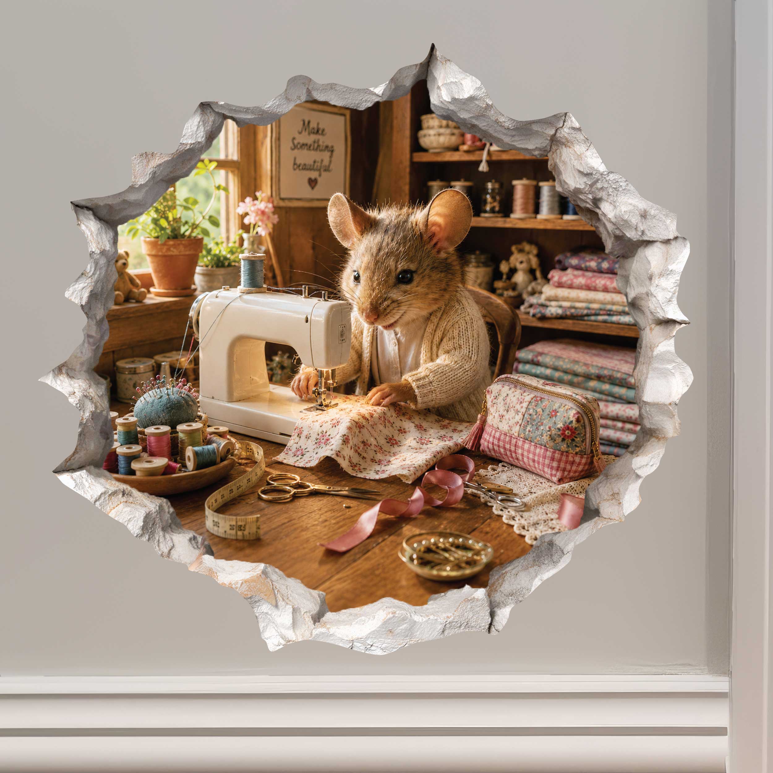 Sewing Seamstress Mouse in Mouse Hole Decal