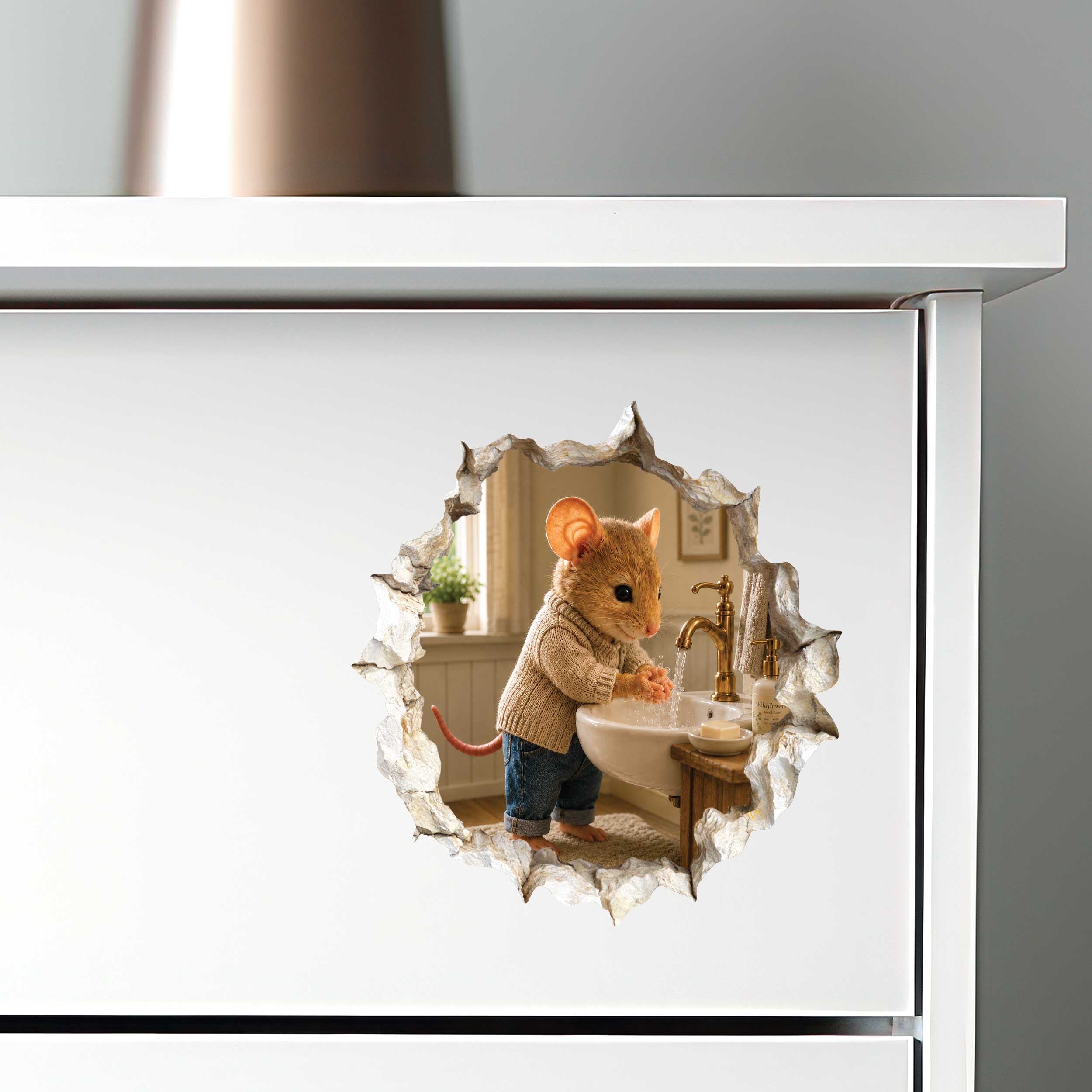 Hand Washing Bathroom Mouse in Mouse Hole Decal
