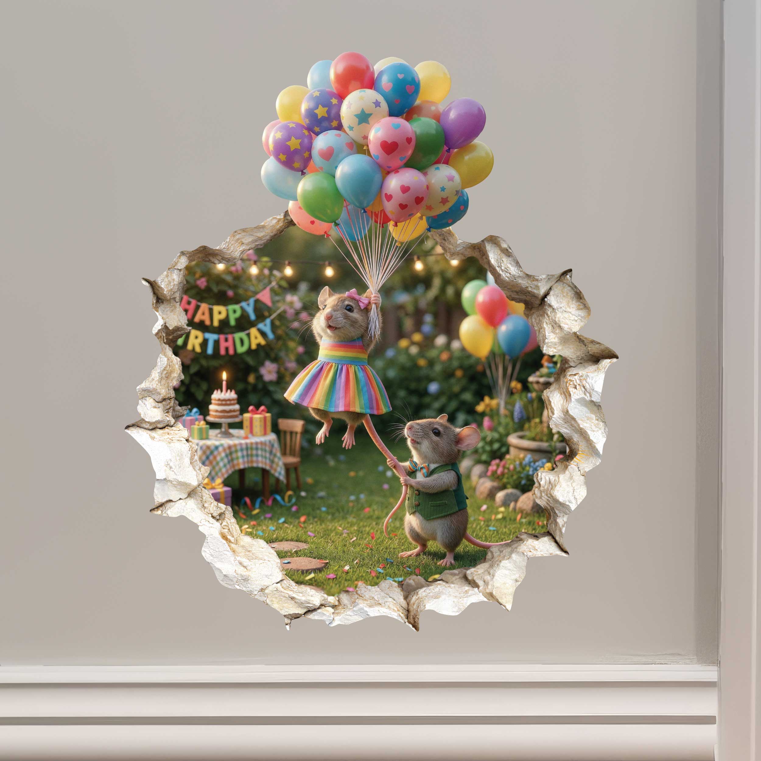 Birthday Balloon Lift-Off Mouse Hole Decal