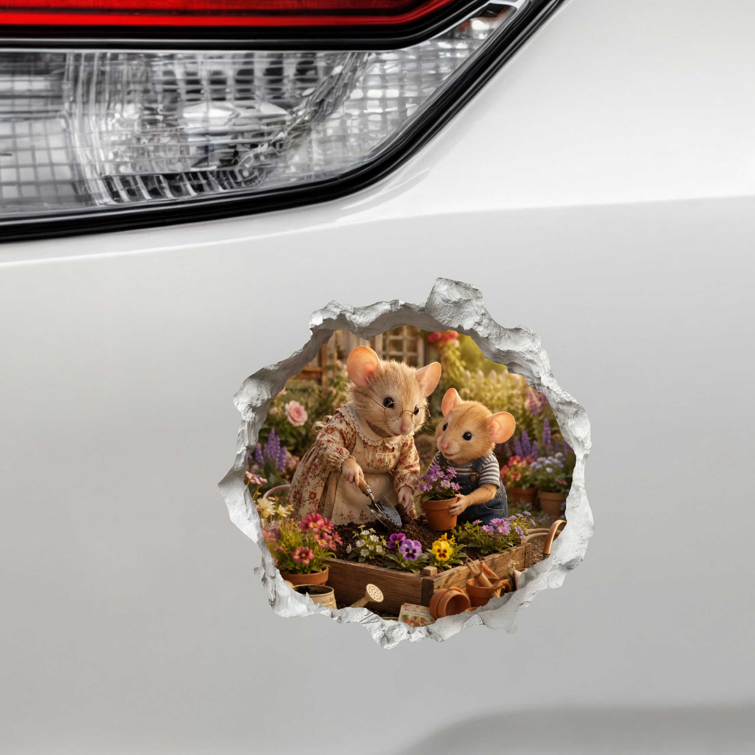 Grandson and Grandma Gardening Mouse Hole Decal