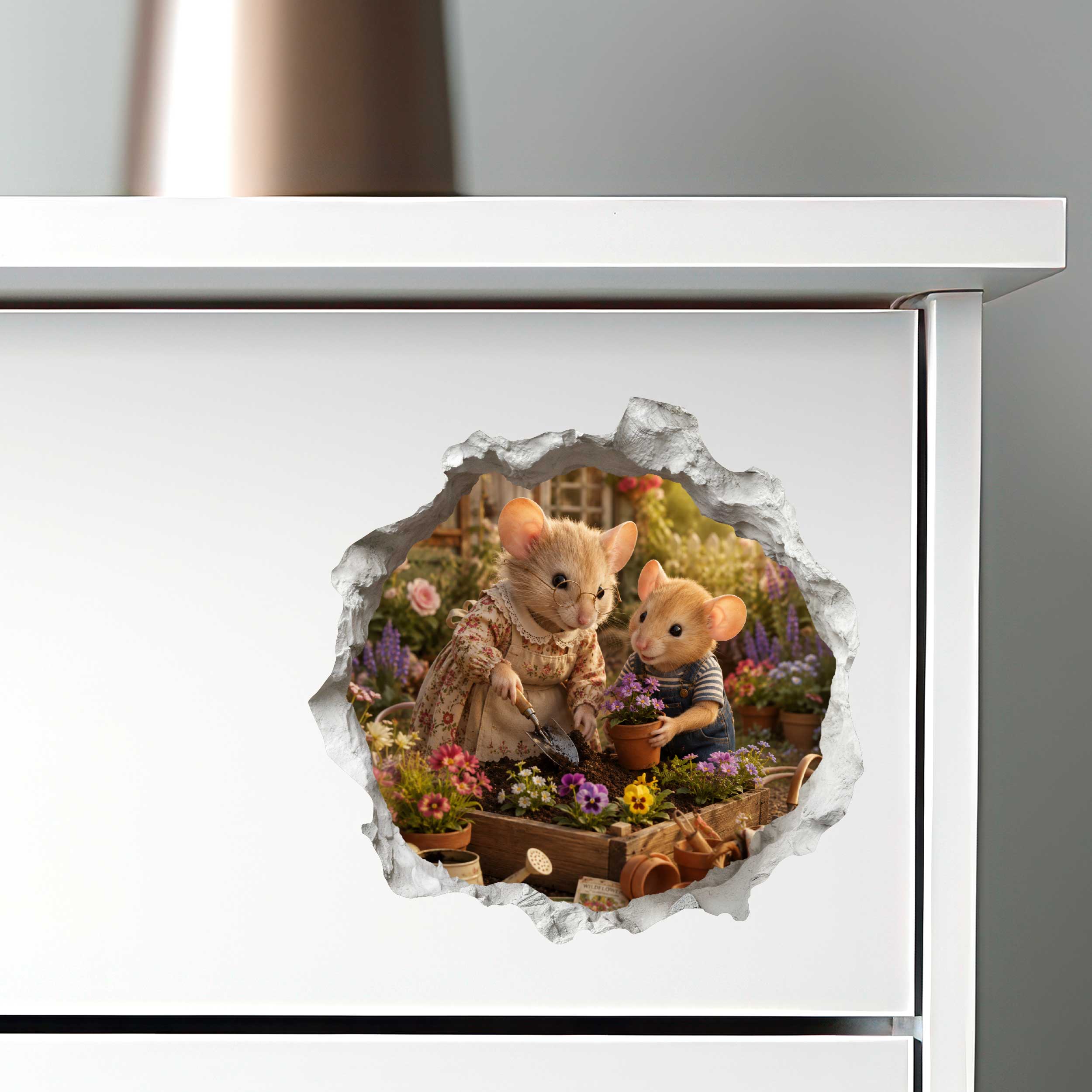 Grandson and Grandma Gardening Mouse Hole Decal