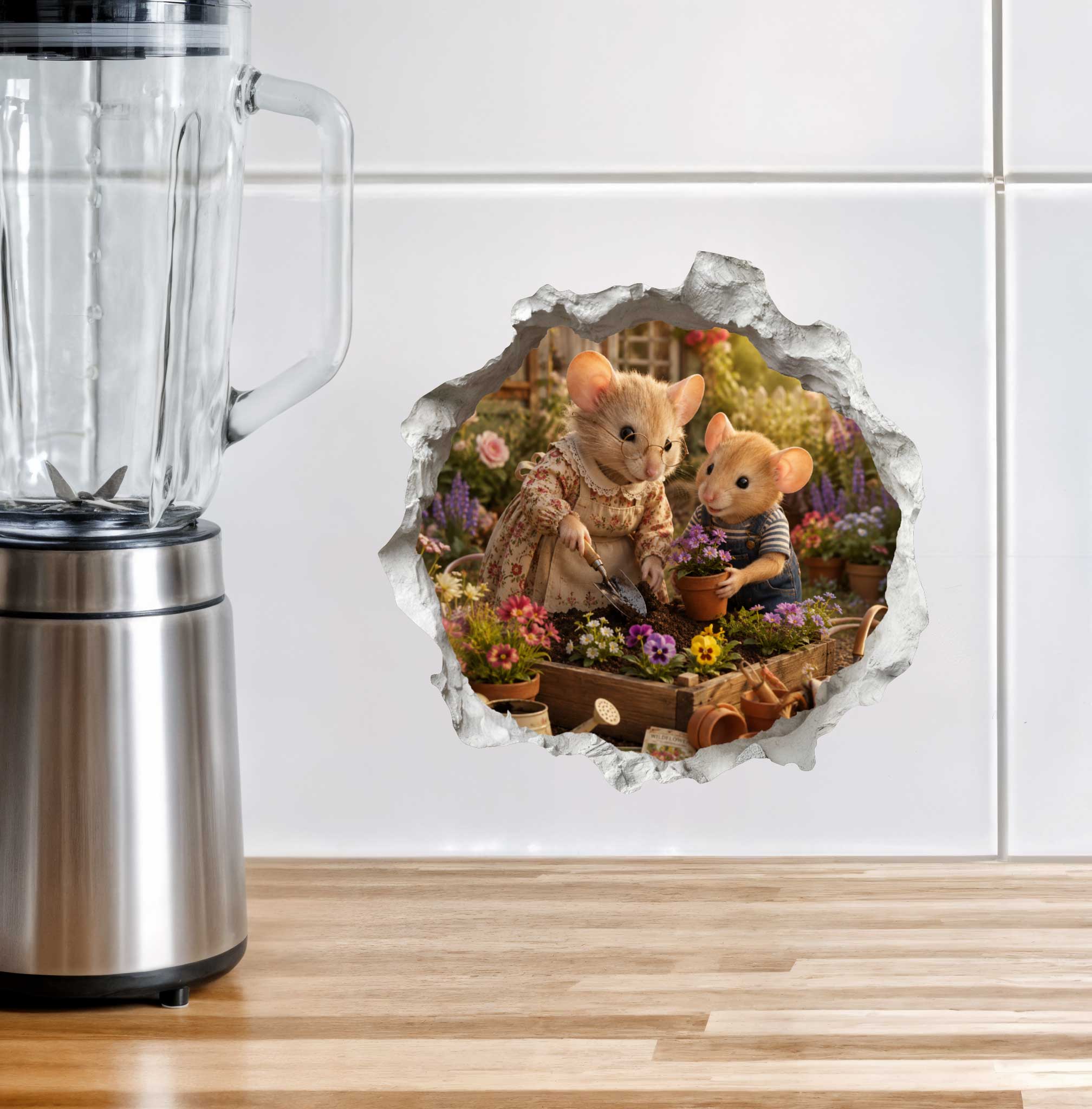 Grandson and Grandma Gardening Mouse Hole Decal
