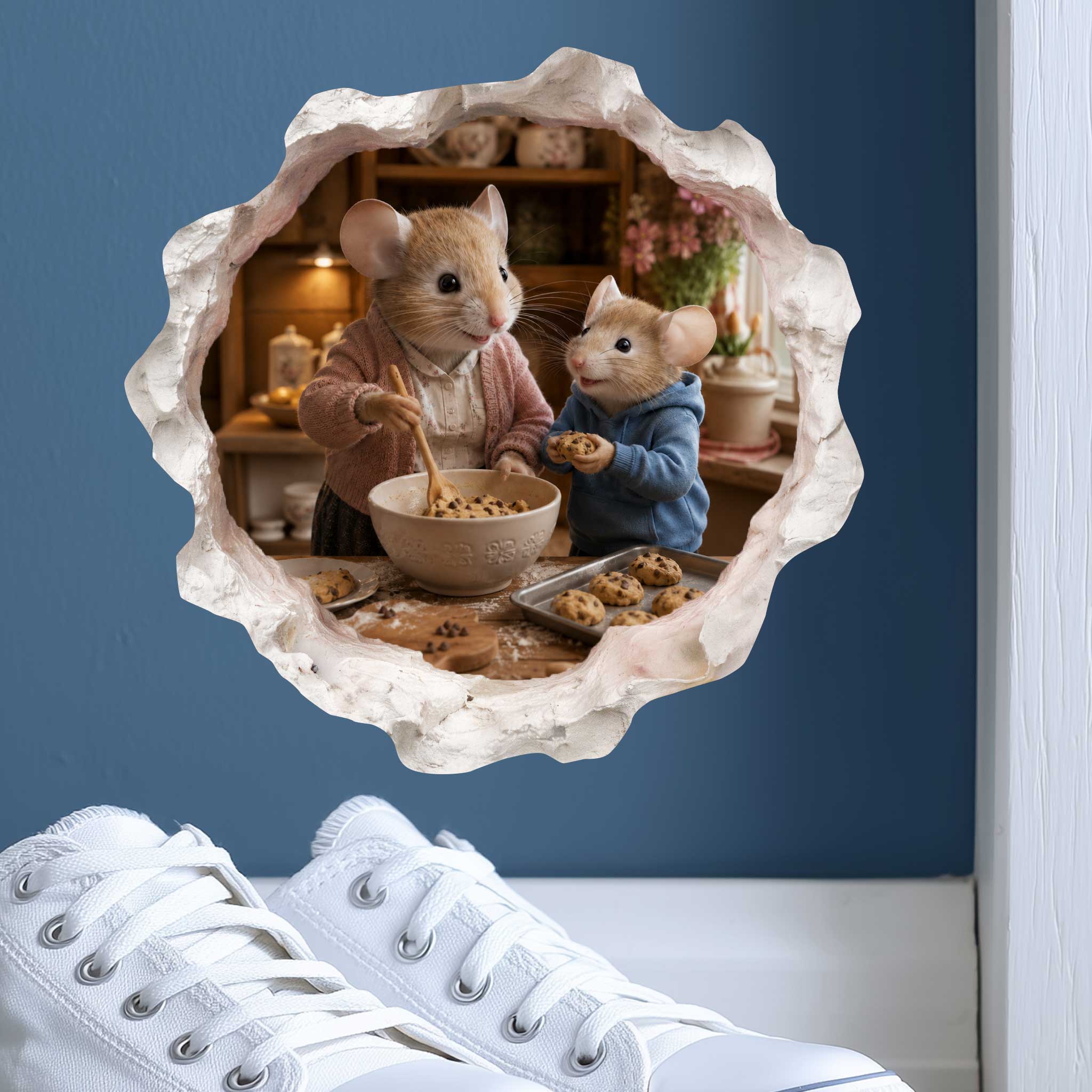 Grandson and Grandma Making Cookies Mouse Hole Decal