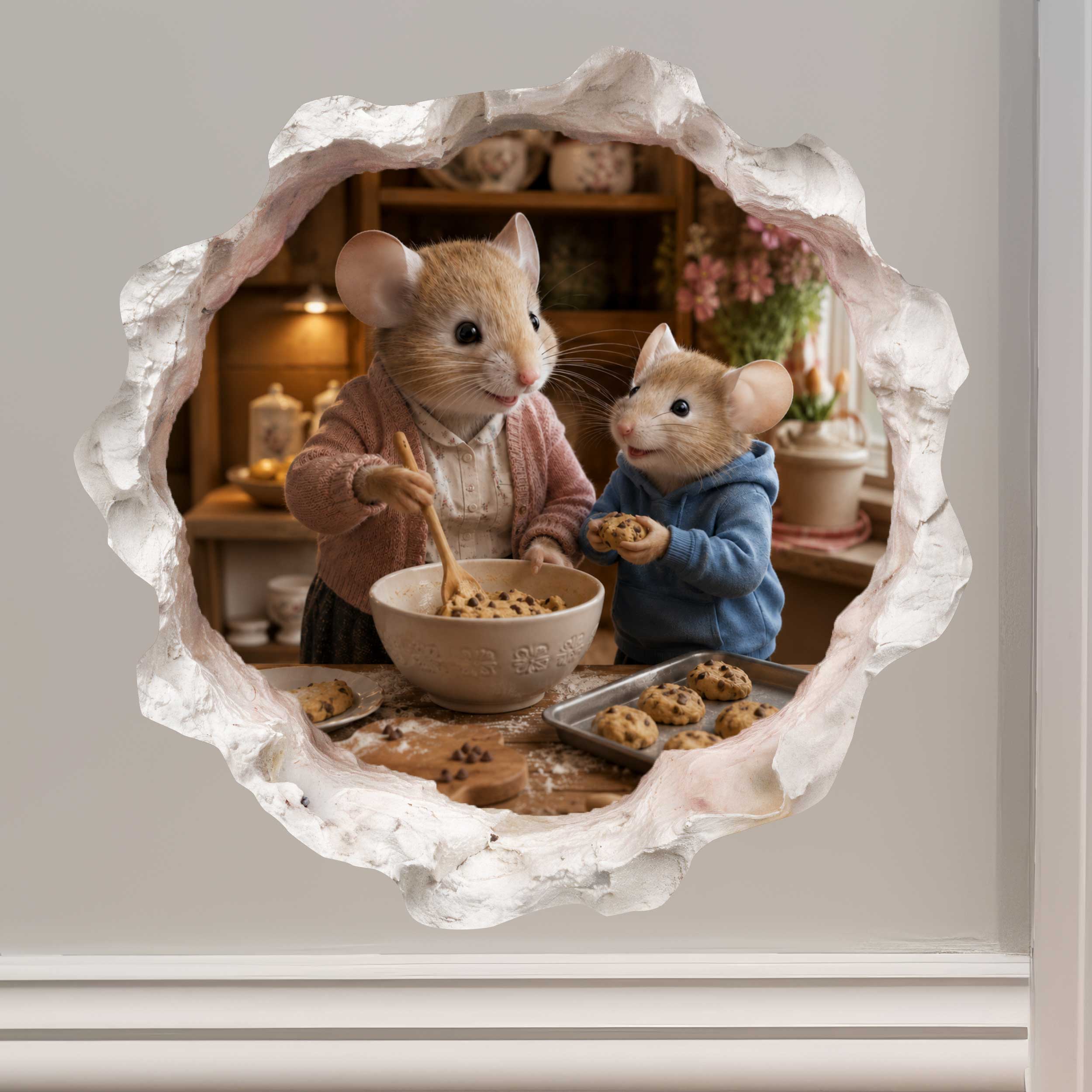 Grandson and Grandma Making Cookies Mouse Hole Decal