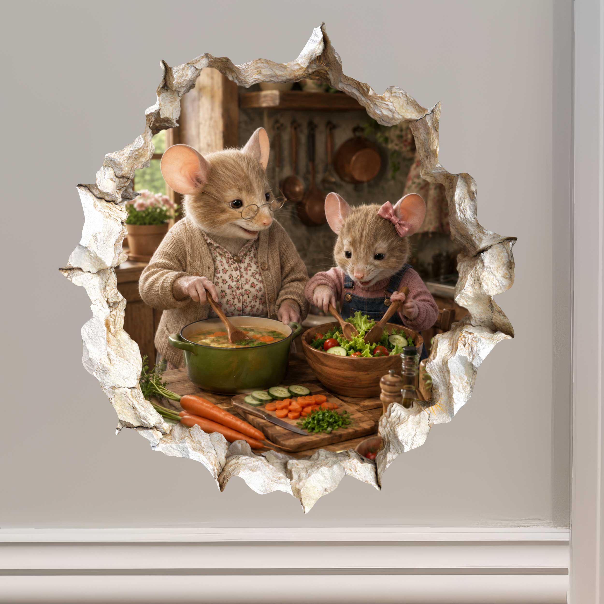 Granddaughter and Grandma Cooking Together Mouse Hole Decal