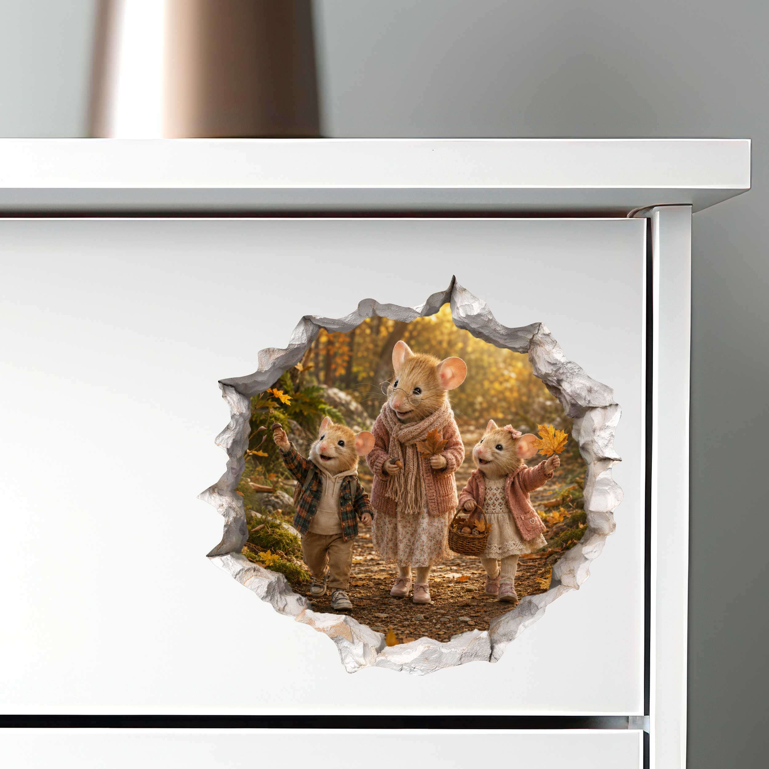 Grandkids and Grandma Fall Walk Mouse Hole Decal