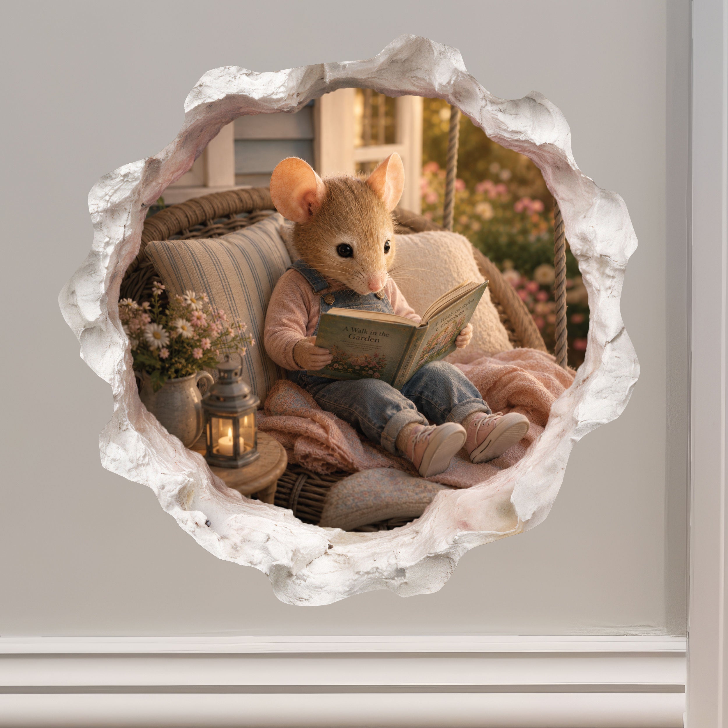 Reading Girl Mouse Hole Wall Decal