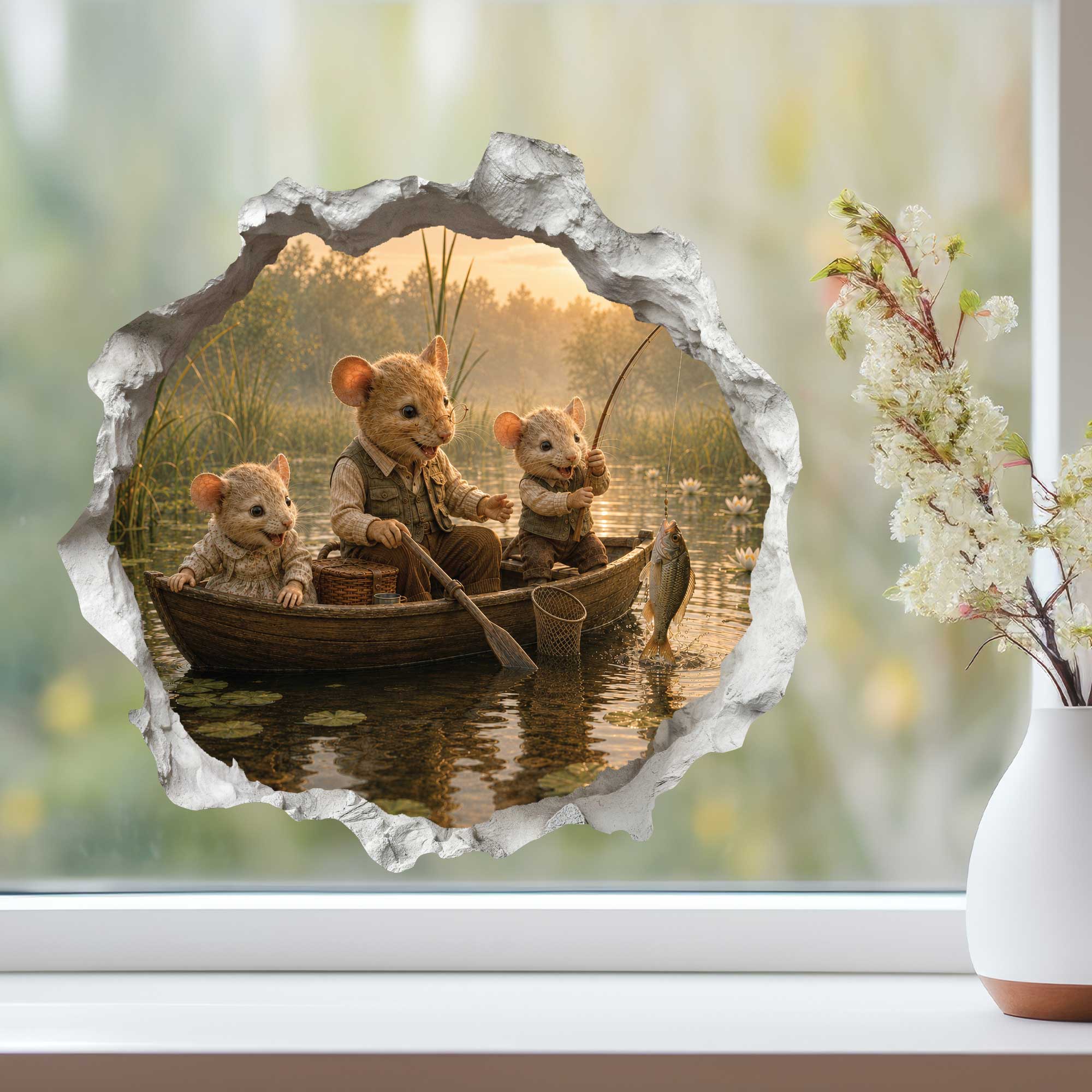 Grandpa and Grandkids Fishing Mouse Hole Decal