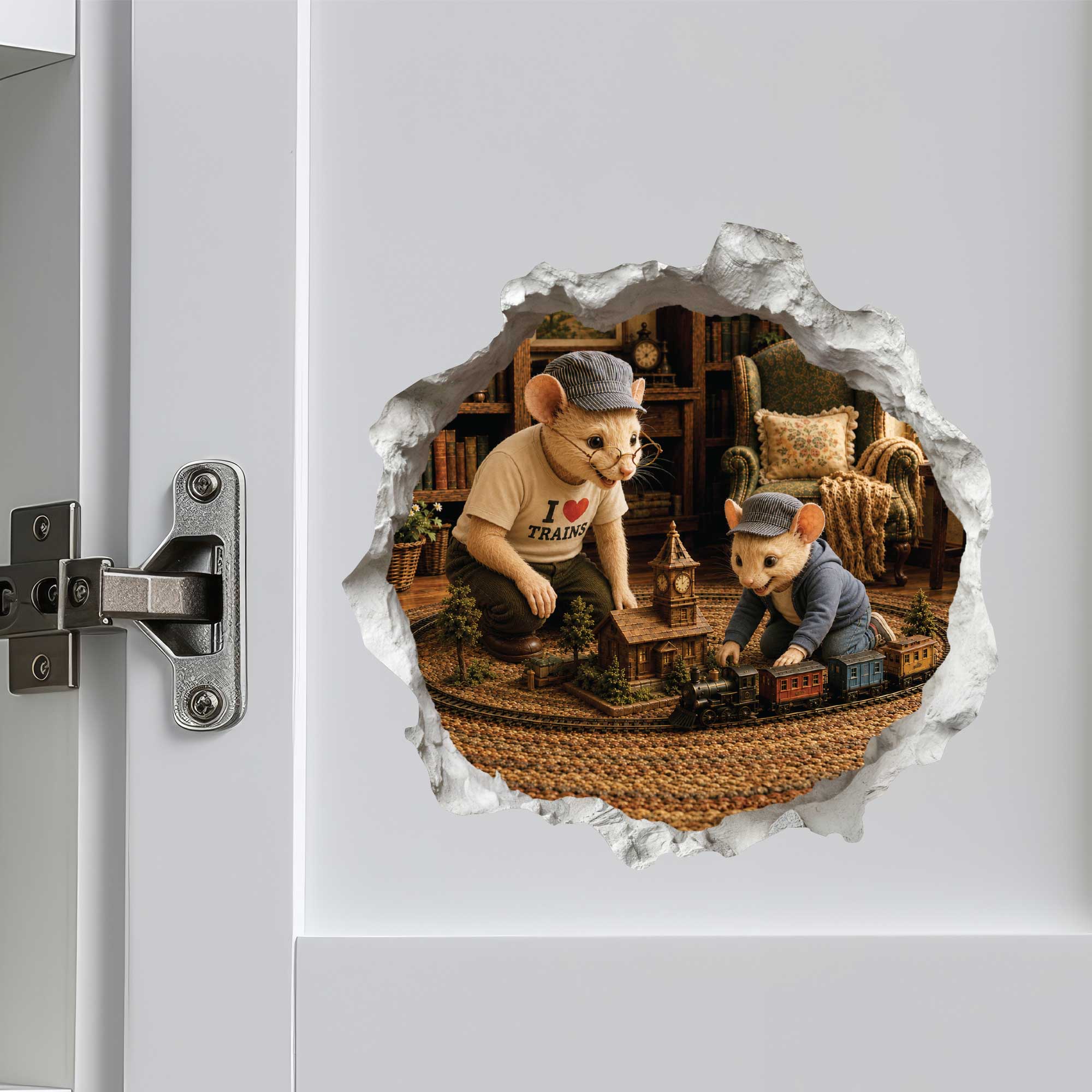 Grandpa and Grandson Playing Trains Mouse Hole Decal