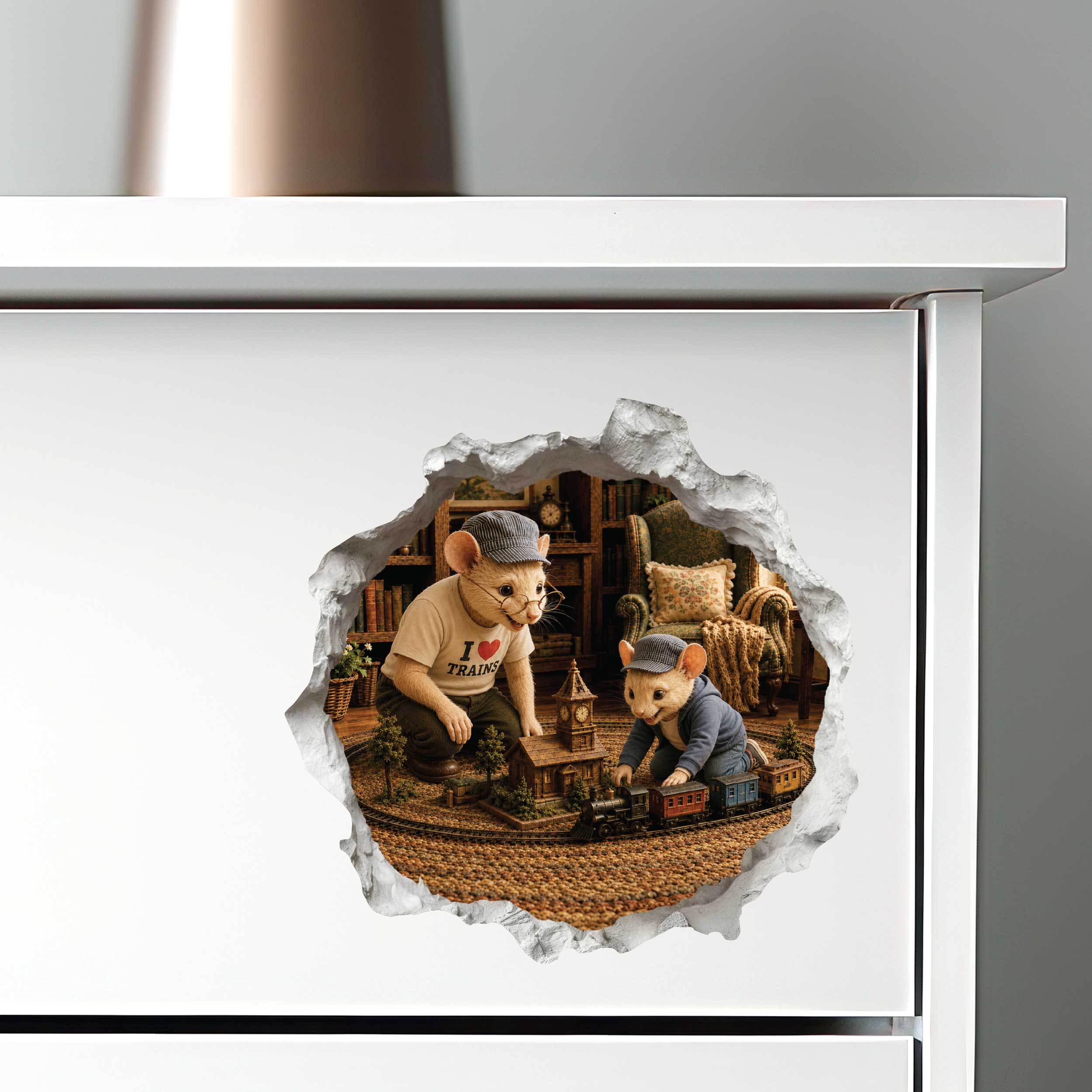 Grandpa and Grandson Playing Trains Mouse Hole Decal