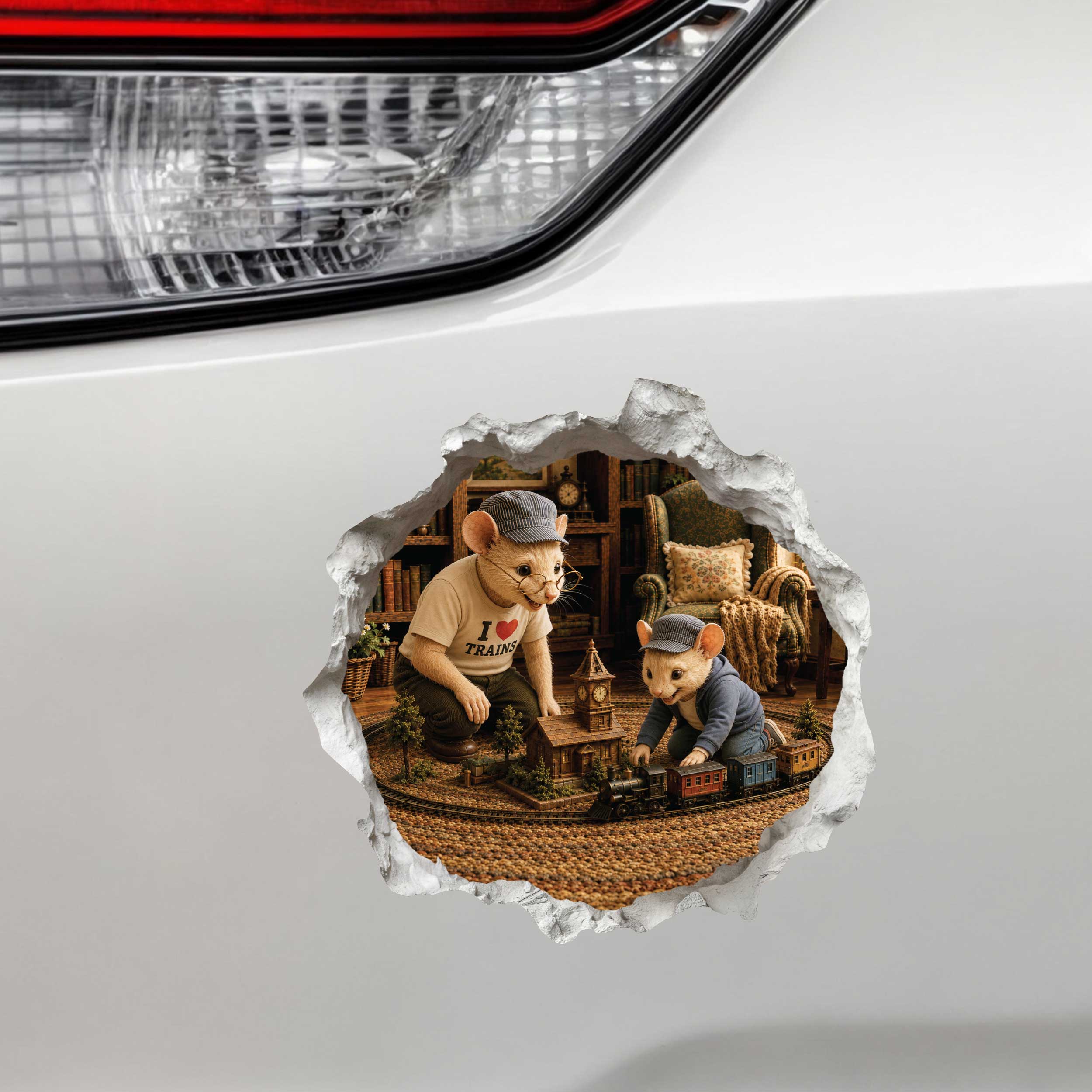 Grandpa and Grandson Playing Trains Mouse Hole Decal