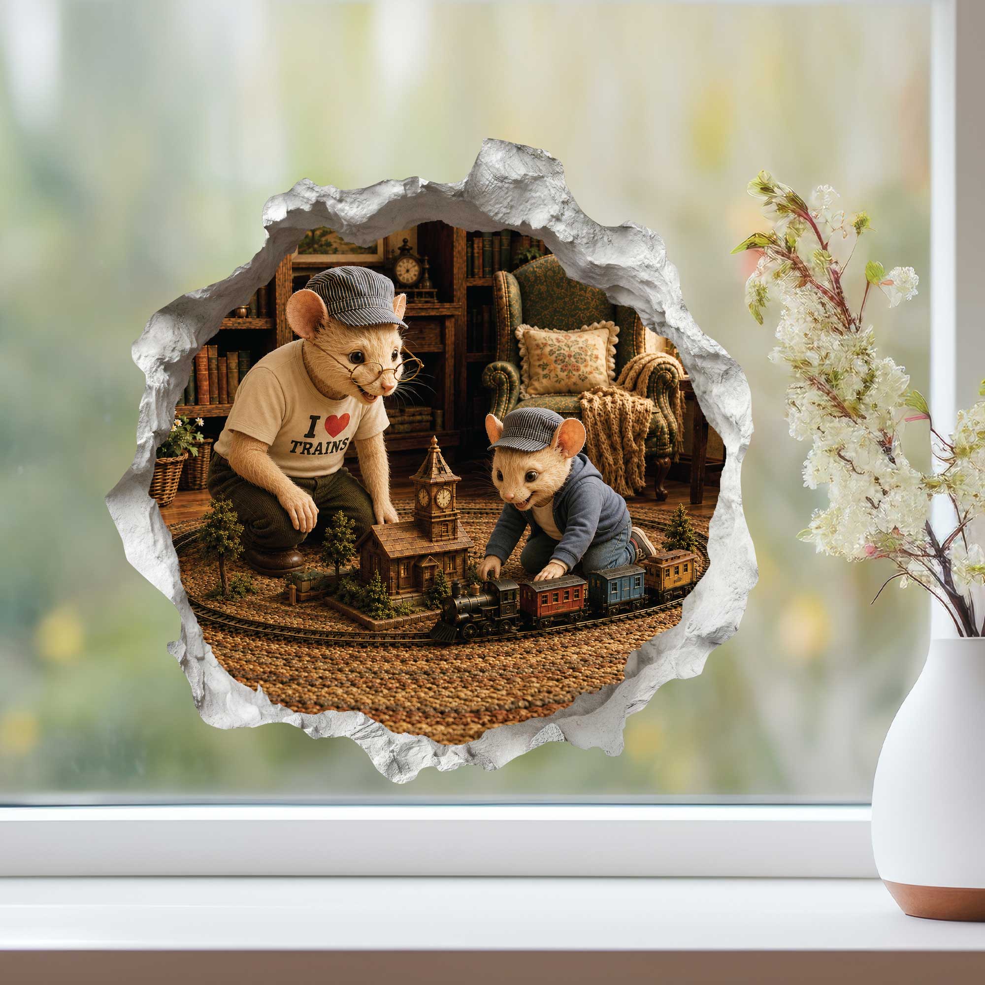 Grandpa and Grandson Playing Trains Mouse Hole Decal