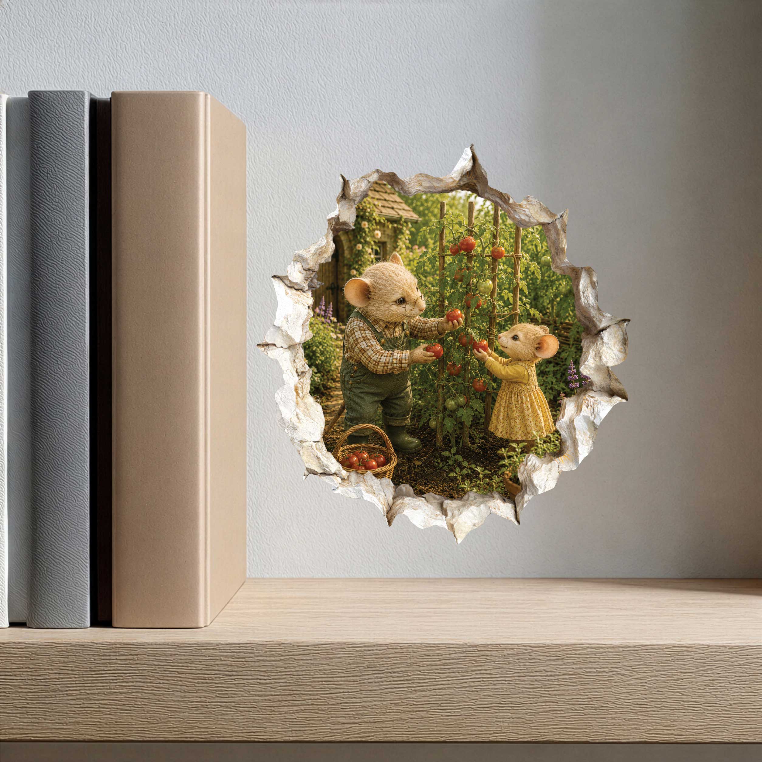 Grandpa and Granddaughter Gardening Mouse Hole Decal