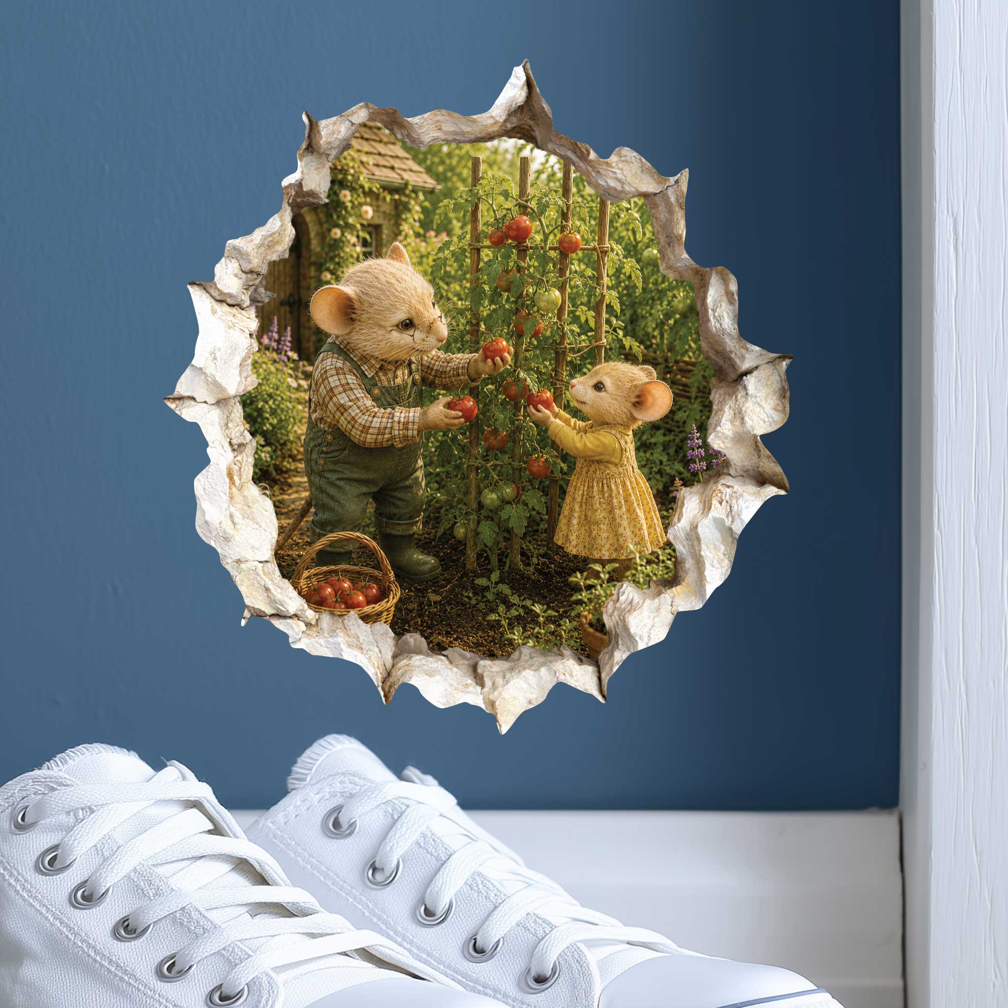 Grandpa and Granddaughter Gardening Mouse Hole Decal