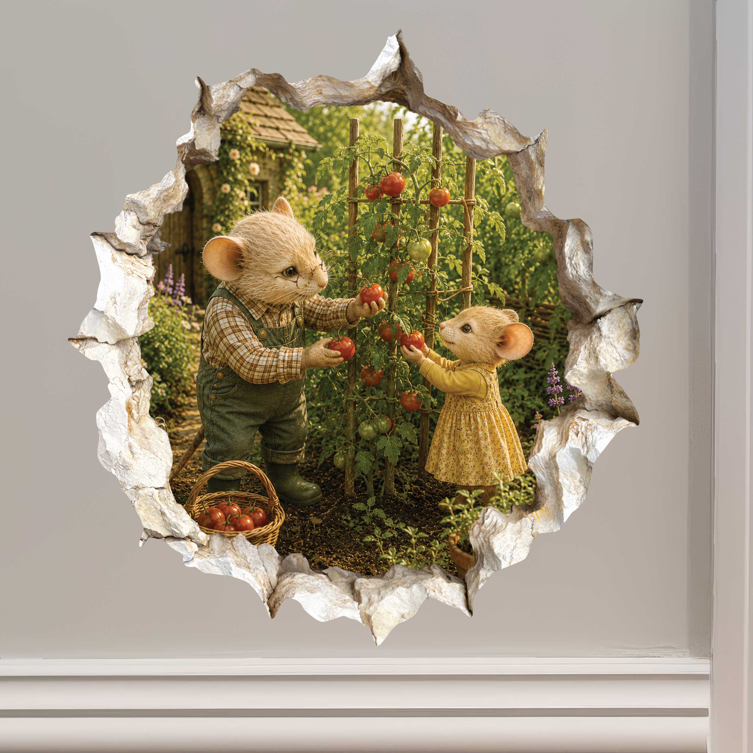 Grandpa and Granddaughter Gardening Mouse Hole Decal