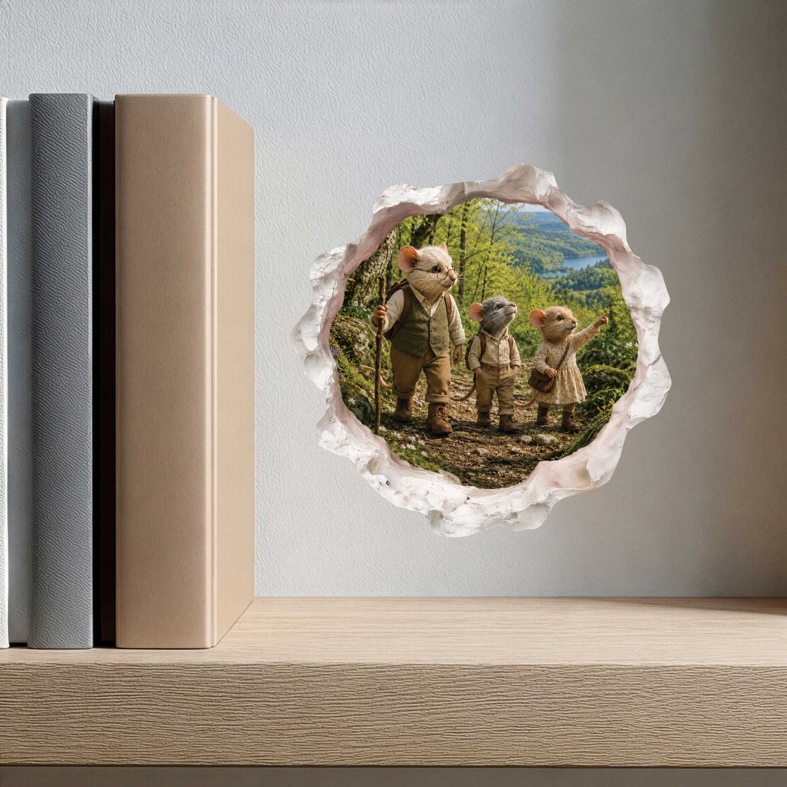 Grandpa and Grandchildren Hiking Mouse Hole Decal