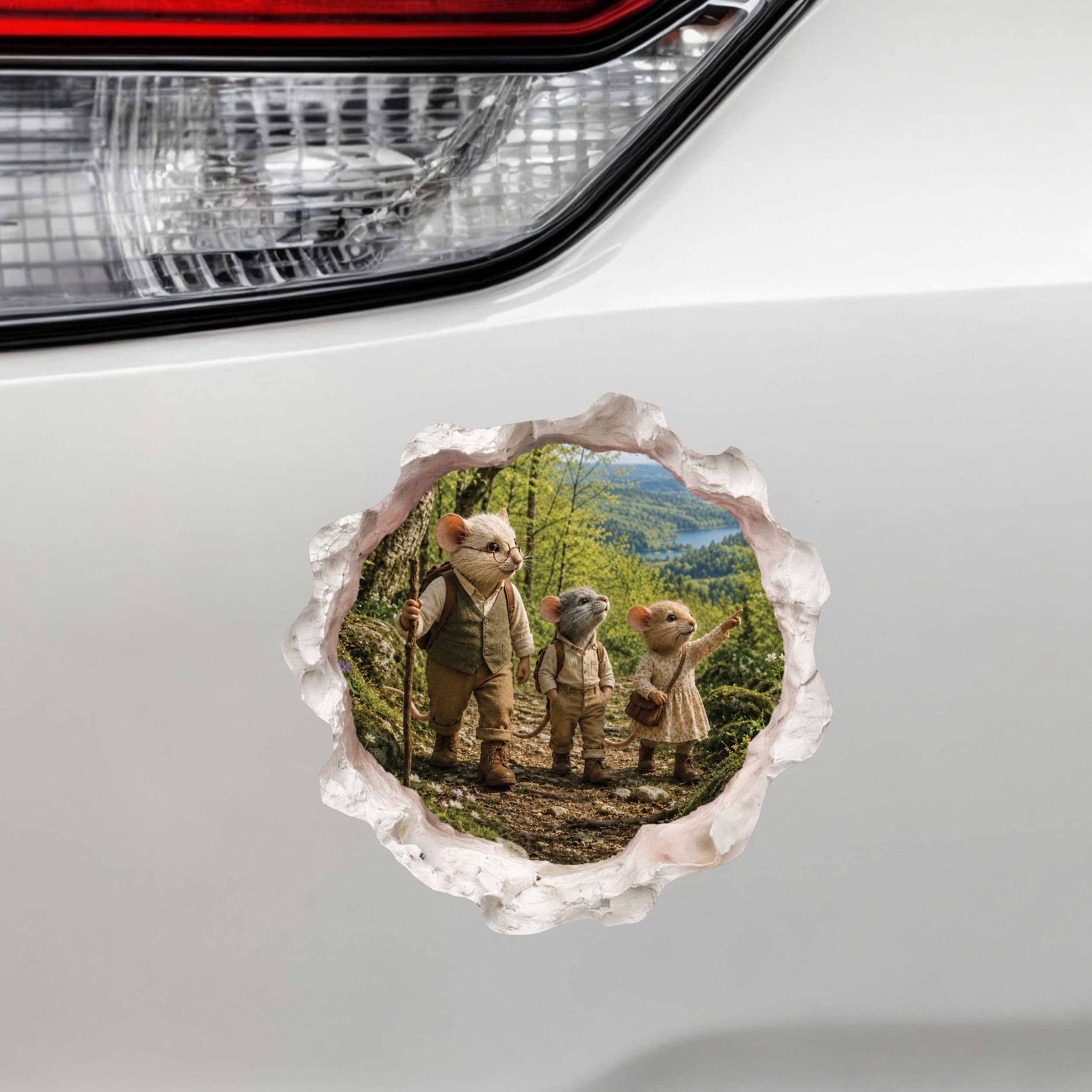 Grandpa and Grandchildren Hiking Mouse Hole Decal