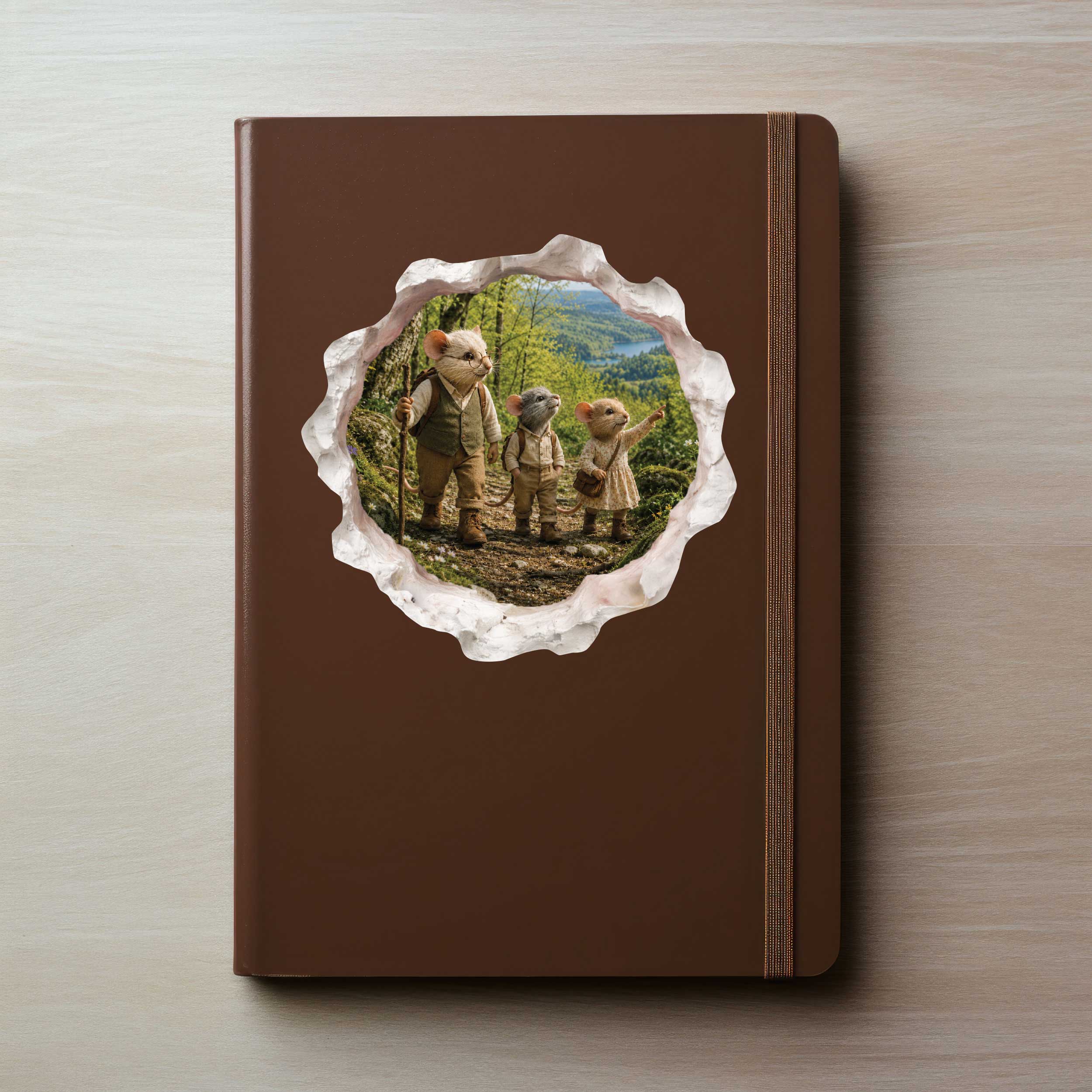 Grandpa and Grandchildren Hiking Mouse Hole Decal