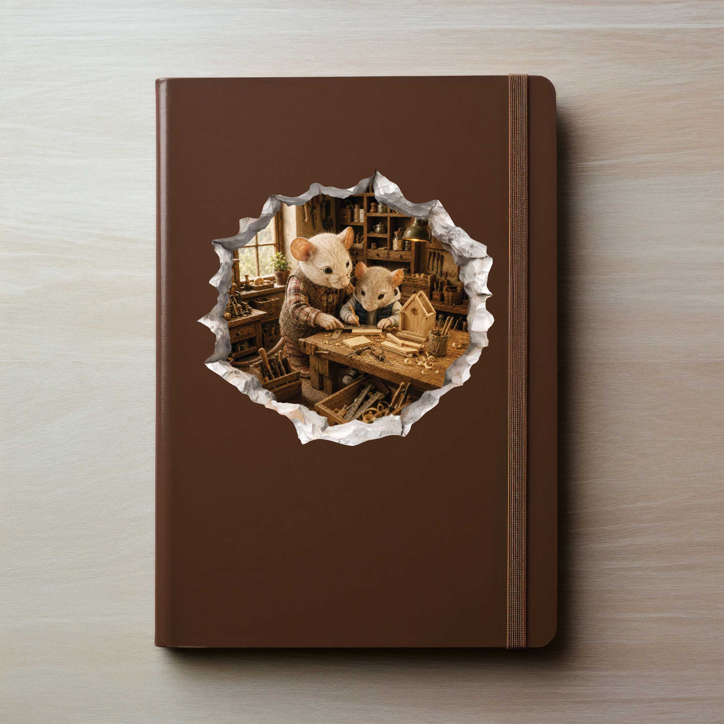 Grandpa and Grandson Woodworking Mouse Hole Decal