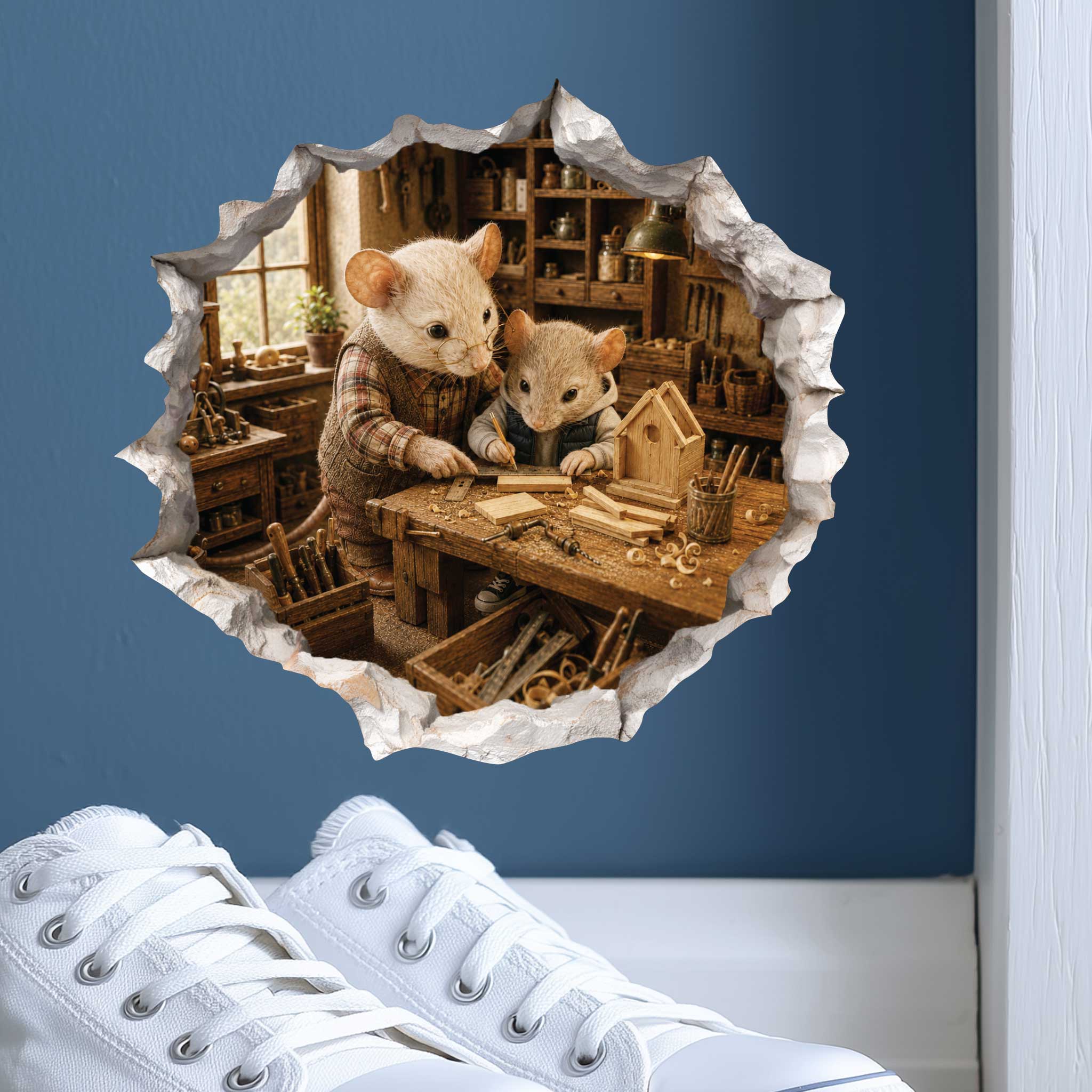 Grandpa and Grandson Woodworking Mouse Hole Decal
