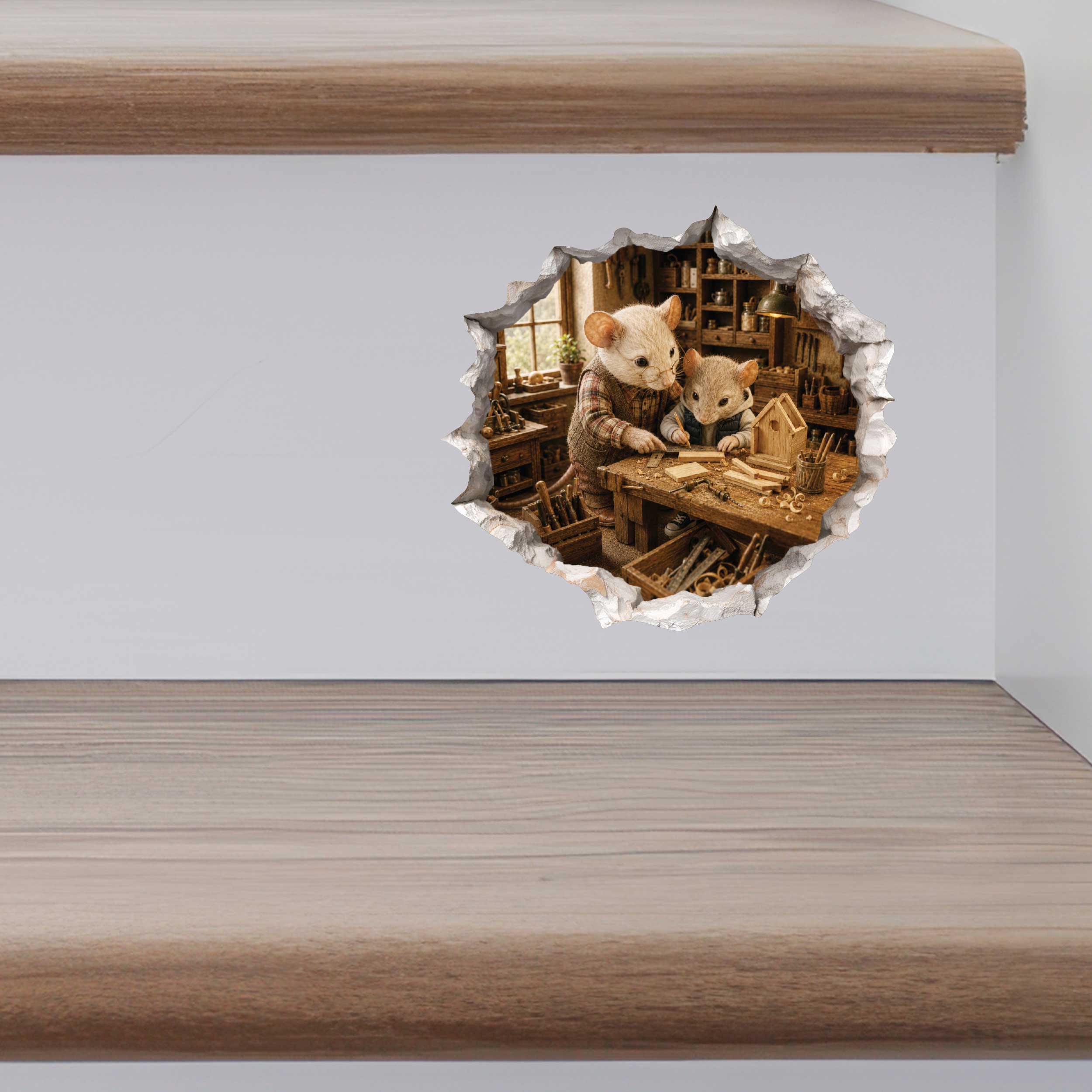Grandpa and Grandson Woodworking Mouse Hole Decal
